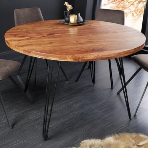 LEBENSwohnART Industrie-Look Esstisch Alina rund 120cm Natural Akazie Hairpin Metallbeine schwarz