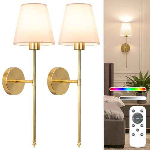 NIORSUN 24 inch Battery Operated Wall Lights, Gold Rechargeable Wall Lights Indoor with 5200mAh Dimmable Detachable Bulbs and Remote, 9 Colours Wireless Sconces for Bedroom Living Room Hallway