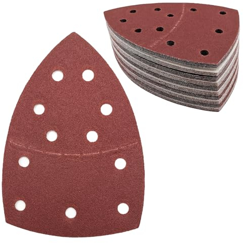 50 pcs Mouse Sander Pads, 11- Hole 120 Grits Mouse Sander Sandpaper Hook and Loop Sanding Pads 108x155 mm Triangle Multi Tool Sander Pads for Sanding and Polishing
