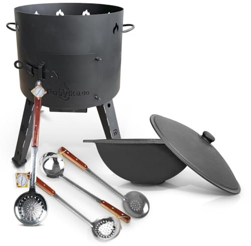 Utschak Feuerofen mit Gusseisen Topf flacher Boden mit Deckel 16 L Ø 44 cm Kazan Schaumlöffel Schaumlöffel Schaumlöffel für Plov (tief) Учаг Uchag казан Kasan Oven (Set 5)