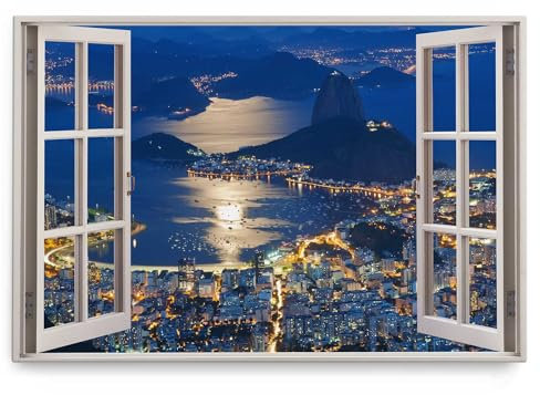 Paul Sinus Wandbild 120x80cm Fensterbild Brasilien Rio de Janeiro Bucht Meer Nacht Stadtlichter