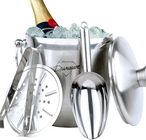3L Seau à Glace Isolé, Seau à Champagne, seau à glaçons en Acier Inoxydable avec Couvercle, Passoire, Pinces à Glace, Cuillère à Glace, Rafraîchisseur pour Champagne, Vin, Boissons, Bière