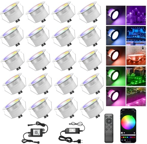 20er Set LED Bodeneinbauleuchten Aussen RGBW Ø45mm WiFi Terrasse Einbaustrahler, Led Terrassenbeleuchtung Boden Licht mit Fernbedienung, wasserdicht IP67, Kompatibel mit Alexa Google Home