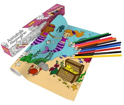 Online Buntstifte & Malrolle für Kinder ab 3 4 5 6 7 Jahren zum Ausmalen I Selbstklebende 30 x 200 cm I Mermaid-Motiv für Mädchen I ohne Rückstände ablösbar I Kindergeburtstage I inkl. 10 Buntstifte