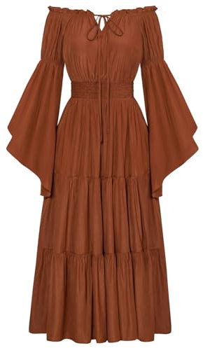 SCARLET DARKNESS Ladies Vintage Renaissance Dress Off Shoulder Medieval Dresses for Women UK Long Sleeve Smocked Cottagecore Maxi Dress Rust M