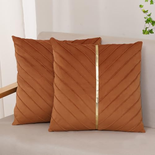 XIEJINJIA 2er Set Samt Kissenbezug mit Gold Leder Kissenhülle Sofakissen Dekorative Dekokissen Zierkissenbezüge für Couch Schlafsofa Wohnzimmer Schlafzimmer 45 x 45 cm Gebrannte Orange