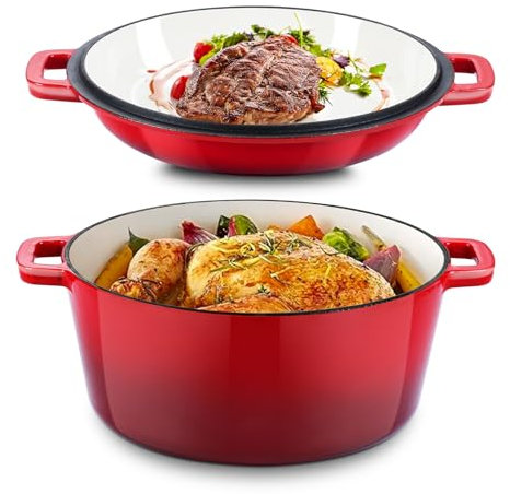 Joyfair - Horno holandés esmaltado de 5 cuartos de galón, olla de hierro fundido rojo 2 en 1 con tapa de sartén de 2 cuartos de galón, utensilios de cocina resistentes aptos para horno para hornear