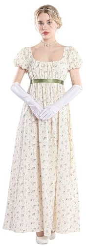FCCAM Regency Kleider für Frauen Floral Regency Era Kleid Empire Taille Lange Tee Party Kleid mit Handschuhen, Beige,S