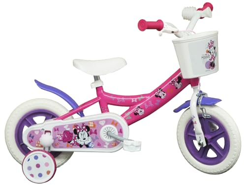 Kinderfahrrad 10 Zoll (25,4 cm) für Mädchen, Minnie/Disney mit 1 Bremse vorne, Korb, Schutzblech, Kurbelstange, Rollen & 2 abnehmbaren Stützrädern