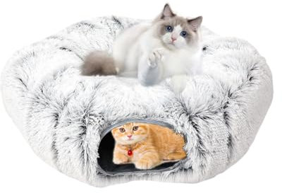 Umllpet Katzentunnel, Katzenspielzeug Katzenhöhle Mit Schlafplatz, XXL Große Weiches Plüsch Katzenbett Indoor mit Ball, Multifunktionales Tunnel für Katzen Spiele Runde Donut