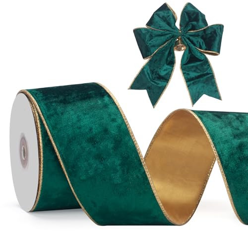GHGMAO Nastro in velluto verde con filo metallico, 6,3 cm, in velluto riccio verde con bordi dorati, nastro metallico natalizio per confezioni regalo, decorazioni per albero di Natale, forniture per