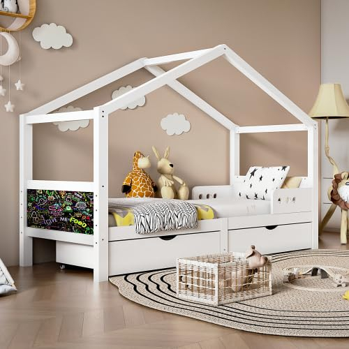 Kinderbett 90 x 200 cm, Hausbett mit Schubladen und Tafel, Stabiler Lattenrost, Einzelbett für Kinder, ohne Matratze, Weiß