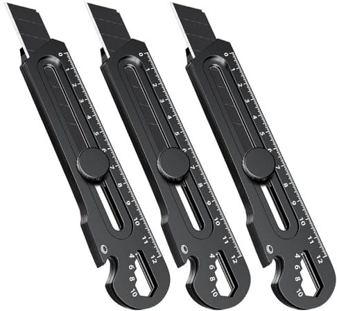 Cutter Professionnel Retractable Kit, Couteau utilitaire Lourd à Usage Multiple 18MM, Acier Inox Couteau Utilitaire Polyvalent et Robuste, pour Maison, École, Bureau (Noir, 3 pcs)