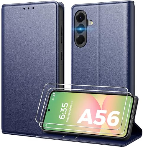 Peakally Handyhülle für Samsung Galaxy A56 5G Hülle [Mit 2 Stück Panzer Schutz Glas] [Premium PU Leder] [Kartenfach] [Ständer] Klapphülle Kompatibel mit Galaxy A56 - Blau