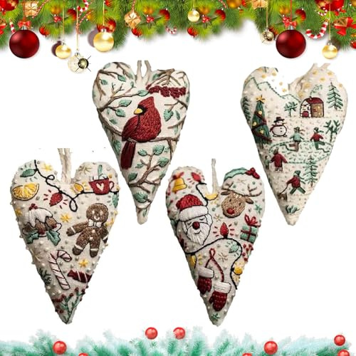 Kit di ricamo natalizio a forma di cuore, ricamo natalizio, kit punto croce a forma di cuore con aghi e filo, decorazione natalizia ricamata a mano per principianti (4 pezzi)