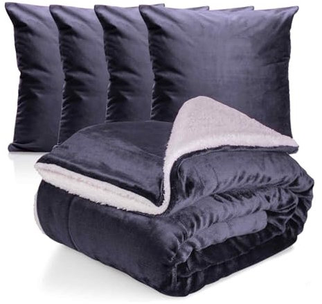 Set: 1x warme Kuscheldecke XL + 4X Sofakissen Samt 45x45cm weiche Sherpadecke flauschig 150x200cm, hochwertige Tagesdecke grau anthrazit Dekokissen für Sofa, Schlafzimmer, Wohnzimmer & Balkon