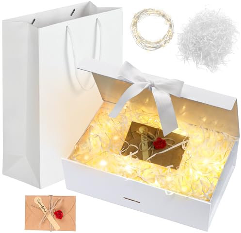Idota Geschenkbox mit Deckel, Geschenkschachtel Schwarz, Geschenkkarton mit Schleife, Tasche, Farbband, Licht, Raffia, Grußkarten,Geschenkboxen für Hochzeit Geburtstag Weihnachten Jubiläum (Weiß L)
