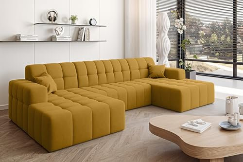 Kaiser Möbel - Ecksofa mit Wohnlandschaft, Eckcouch U Form, Big Ecksofa, Polstersofa, Federkern, Bequemes Couch mit Ottomanen für Wohnzimmer, Relaxsofa, Veloursstoff, Lounge-Set U-Form, Nimes U, Gelb