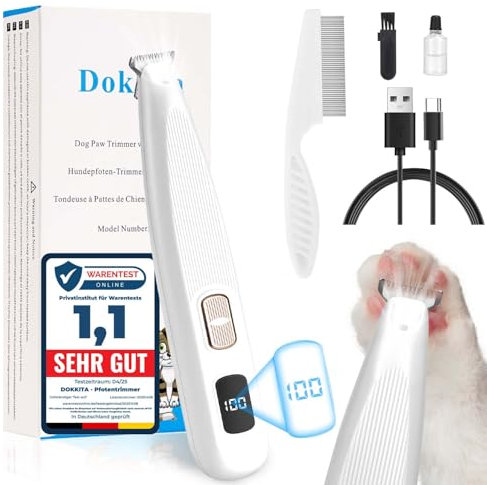 Pfotentrimmer für Hunde, Hundepfoten Trimmer mit LED-Licht, Pfoten Rasierer für Hunde mit 2-Gang, 50 dB Ultrageräuscharm, USB Hundeschermaschine Leise für Pfoten, Augen, Ohren, Gesicht-Weiß
