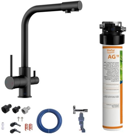 BieTal® Trinkwasserfilter Aktivkohle mit 3-Wege Wasserhahn Messing Schwarz Matt für sauberes & frisches Wasser für dein Zuhause Praxis Büro Wohnmobil Aktivkohlefilter Wasserfiltersystem & Wasserstop