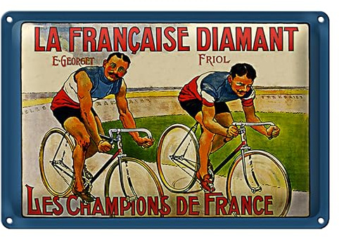 Retro Fahrrad-Werbeschild 'La Francaise Diamant' | Vintage Metallschild mit französischen Radrennfahrern | 18 cm x 12 cm