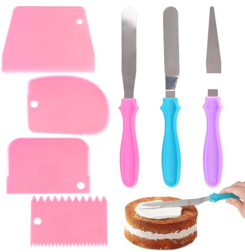 7 Stück Kuchen Winkelpalette Torte Klein, 3 Edelstahl Tortenspachtel zum Glätten und 4 Icing Smoother, Rostschutz Tortenstreicher Kuchenpalette Winkel, Streichpalette Set für Torten Backen Dekorieren