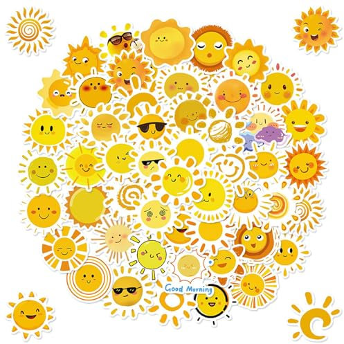 FLEXNOVA 50 Stück Aufkleber Sonne, Aufkleber Sonne Klein Wasserfest Sonnenaufkleber Sun Sticker für Deko Koffer Wasserflaschen Laptops