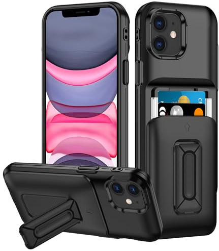Coolden for iPhone 11 Case with Card Holder [2 Cards] Kickstand Slide Cover Military Grade Heavy Duty Protective Hard PC Soft Silicone Shockproof Wallet Card Slot Phone Case for iPhone 11-Black