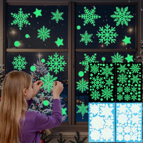 124 Stück Fensterbilder Weihnachten, Weihnachtsdeko Fenstersticker, Fluoreszierend Selbstklebend Schneeflocken Weihnachtsdeko, Weinachts Fenster Deko, Fensteraufkleber Schaufenster, Glasfronten