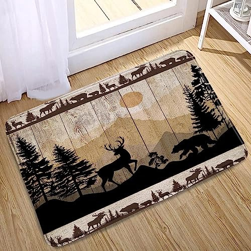 Fußmatte Wildlife Bär Hirsch Elch Vintage Holzbrett Bauernhaus Hütte Jagd Duschvorleger Pflegeleichte Badteppich rutschfest Badezimmerteppich Für Küche Schlafzimmer Badezimmer 40X60CM