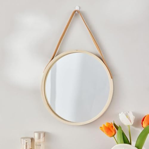 Hosoncovy Wandspiegel mit Holzrahmen, runder Wandspiegel, Make-up-Spiegel, 30 cm, für Wohnzimmer, Schlafzimmer, Badezimmer, Wanddekoration (gelb)