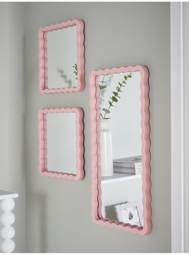 DEENZ Set Of 3 Soft Pink Hue Scalloped Frame Wall Mounted Mirror Plastic Slim Bordered Rectangular & Square Irregular Wavy Pattern Elegant Edges Lightweight Modern 39.5 X 19.5 X 1.5 Cm / 20 X 1.5 Cm