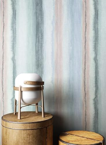 Newroom Vliestapete Blau Streifen Aquarell Tapete Wohnzimmer | Aquarelloptik changierend, feine Leinenstruktur, Pastellmix Blau Grau Rosé Mint, Boho Landhaus, ansatzfrei, Mustertapete