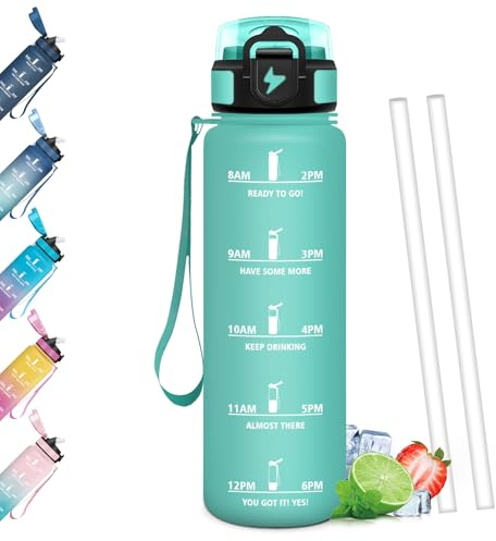 Mulbijeo Gourde 1L, Étanches, Bouteille d'eau, Portable, Gourde Avec Paille, Échelle de Temps et Slogans de Motivation, Bouteille Sport pour Fête, Ecole, Cyclisme, Camping, Sport, Yoga