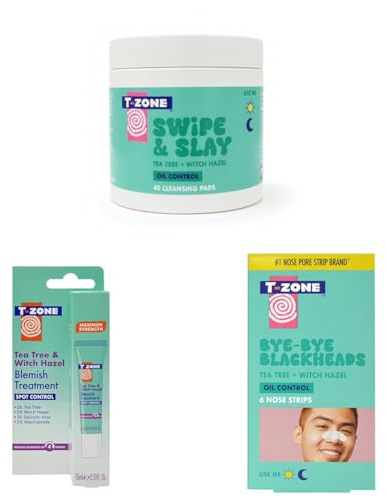 T-Zone SOS Blemish Kit – Tea Tree & Witch Hazel Cleansing Pads (40), Blemish Treatment Gel 15ml & Nose Pore Strips (6) – Rapid Spot Treatment & Blackhead Remover for Blemish-Prone Skin