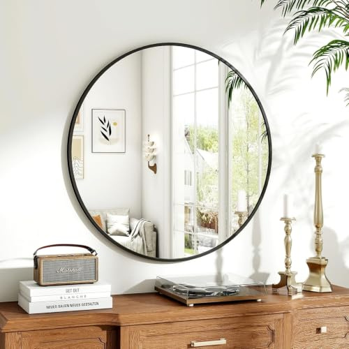 Koonmi runder Wandspiegel 45.7 cm, Aluminiumrahmen, Schwarz | Bad und Schminkspiegel zur Wandmontage für Badezimmer, Wohnzimmer, Schlafzimmer und Eingangsbereich