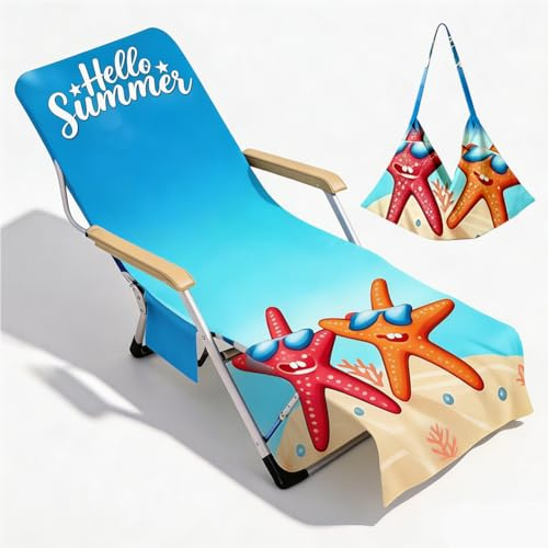 Fouvin Ozean Schonbezug für Gartenliege, Mikrofaser Frottee Liegenauflage, Schnelltrocknend Sonnenliege Handtuch mit 2 Taschen, Strandtuch für Schwimmbäder, Strände, Gartenhotels, 75x210cm (Seestern)