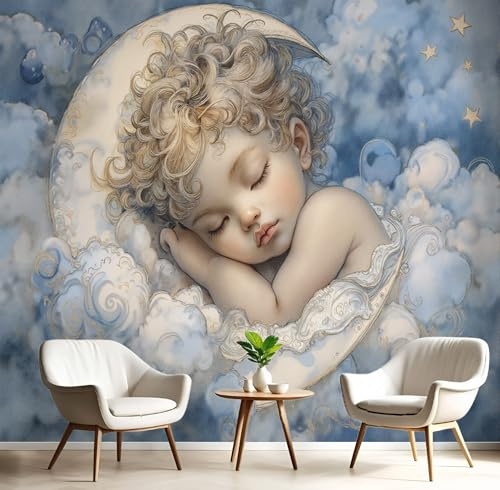 GSAEIMCT Fotomurales Bebé Luna Papel Pintado Seda Ilustraciones De Dibujos Animados Diseno Fotográfico Decoración De Pared Sala Cuarto Oficina Salón Azul Blanco Papel Pintado 250X170Cm