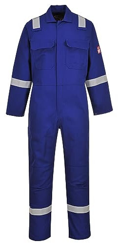 Portwest BIZ5 Bizweld FR Men's Coverall Flame Resistant Welding Overall Safety Gear 100% Cotton Reflective Tape Knee Pad Pockets Molten Metal Splash Protection, Royal Blue, XXL