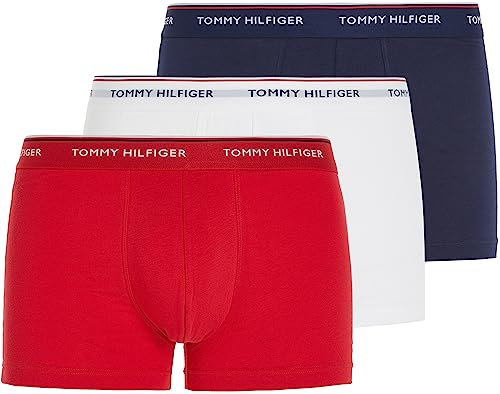 Tommy Hilfiger Men's 3 Pack Trunks Underwear, Multicolor (White/Tango Red/Peacoat), XL