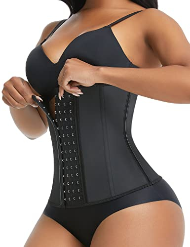 FeelinGirl Waist Trainer Damen Korsett mit 4 Reihen Haken Bauchweg Taillenmieder aus Latex Unterbrust Korsage mit 9 Stahlknochen Schwarz M