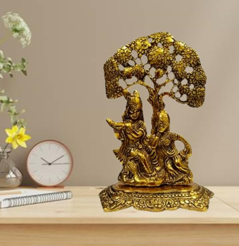 Purpledip Janamashtmi 10924 Radha-Krishna-Statue unter dem Baum, aus weißem Metall mit goldener Politur, einzigartiges Dekor, indisches Geschenk