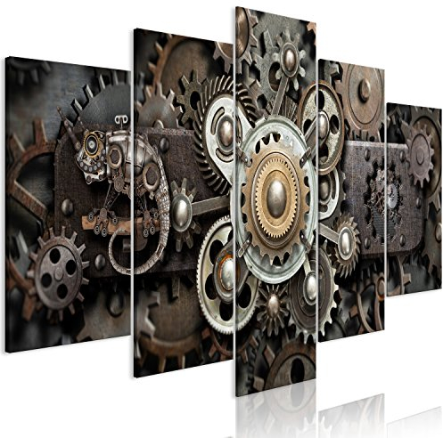 murando - Wandbilder XXL Zahnrad Uhr 225x112cm 5 tlg - Wand Deko Leinwand Bilder Groß Wanddeko Wohnzimmer Schlafzimmer Kunstdrucke - Steampunk Vintage 3D Effekt a-C-0103-b-m