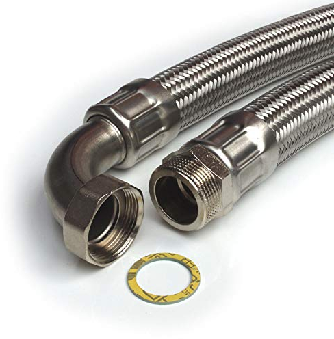 Panzerschlauch 1 1/4AG x 1 1/4ÜM mit Bogen, DN32, Edelstahl, Länge 30 cm, Made in Germany