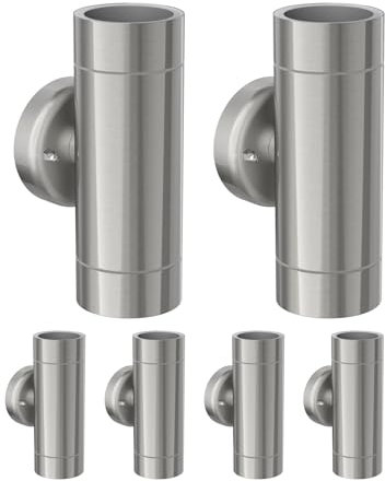ledscom.de 6 Stück Wandleuchte WEDO für außen, chrom matt, Edelstahl, IP44, zweiflammig, Up & Downlight, inkl. 2 GU10 LED Lampen, je 630lm weiß