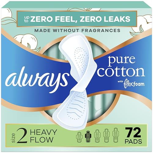 Always Pure Cotton Feminine Pads for Women, FlexFoam Pads with Wings, Size 2, Heavy Absorbency, Unscented, 72 Count (3 Packs of 24)