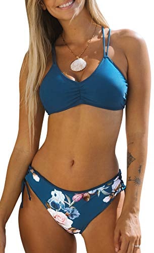 CUPSHE Damen Bikini Set mit Geflochtenen Trägern Blumenmuster Bademode Reversible Bikinihose Zweiteiliger Badeanzug Marineblau XS