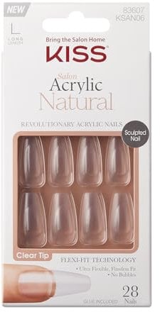 KISS Salon Acrylic Natural Collection, Crystal, Long Length Square Fake Nails Includes 28 False Nails, Nail Glue, Nail File, and Manicure Stick