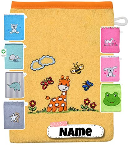Baby Waschhandschuh personalisiert | 15x20 cm | Waschlappen Kinder mit Namen bestickt | 100% Baumwolle | Frottee | Baby Geschenke (Giraffe gelb)