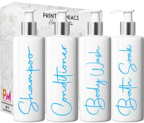 Print Maniacs Mrs Hinch Inspired White Personalised Pump Bottles Bathroom Kitchen Set Shampoo Conditioner Body Wash Bath Soak (F2) (Baby Blue)
